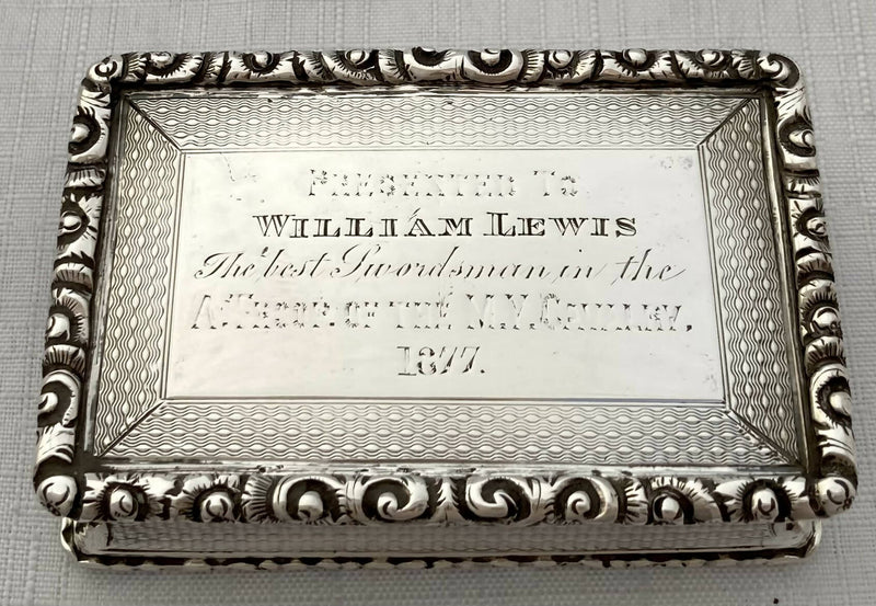 Victorian Silver Snuff Box, Montgomeryshire Yeomanry Cavalry. Birmingham 1877 George Unite. 3.2 troy ounces.