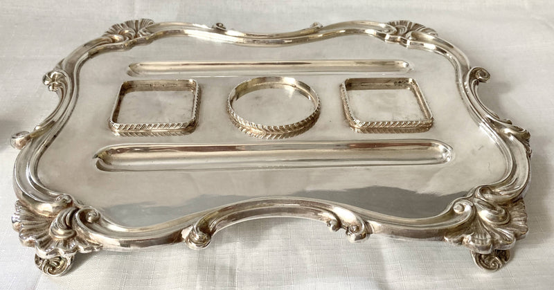 Large Silver Plated Inkstand, in the Georgian Manner, with Twin Inkwells, Taperstick Holder & Snuffer.
