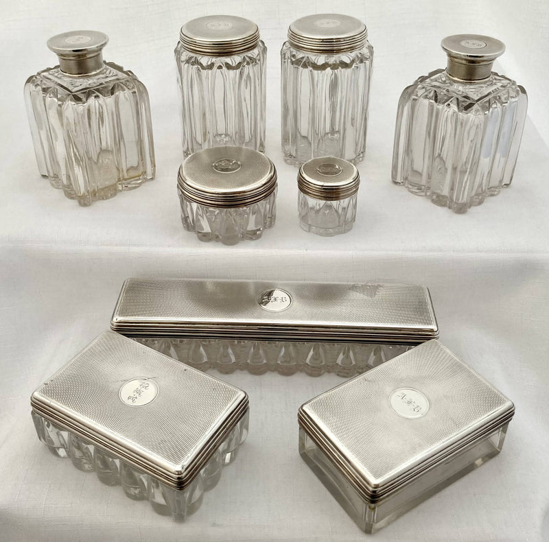Early Victorian Silver Mounted Cut Glass Vanity Set. London 1839 Charles Rawlings & William Summers. 11.5 troy ounces.