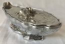 French novelty silver plated mignonette sauce dish and cover, with glass liner, in the form of an oyster shell. Signed M. Gouaille.
