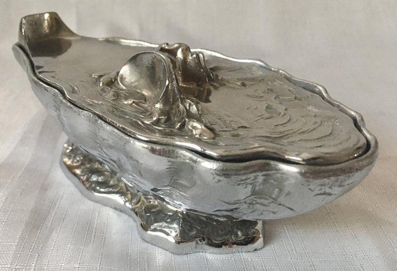 French novelty silver plated mignonette sauce dish and cover, with glass liner, in the form of an oyster shell. Signed M. Gouaille.