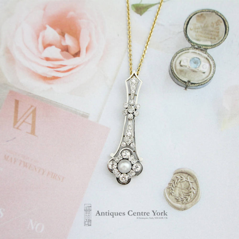 Edwardian 18ct Gold & Platinum Diamond & Pearl Pendant