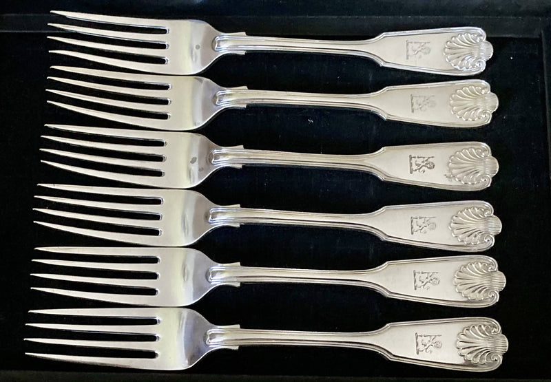 Victorian set of Six Double Struck Silver Plated Crested Table Forks. William Hutton & Sons.