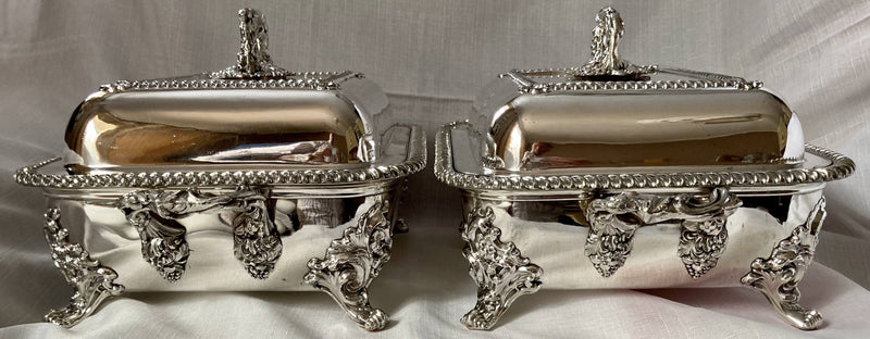 Georgian, George IV, Pair of Old Sheffield Plate Entree Dishes & Covers on Warming Stands. Marital Arms of Dickson & Huntley, circa 1820 - 1830.