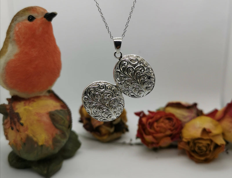 New Flower Engraved Locket Pendant in Rhodium Plated Sterling Silver-16"