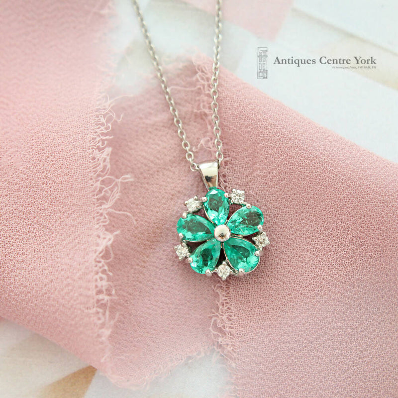Platinum Emerald & Diamond Flower Cluster Pendant