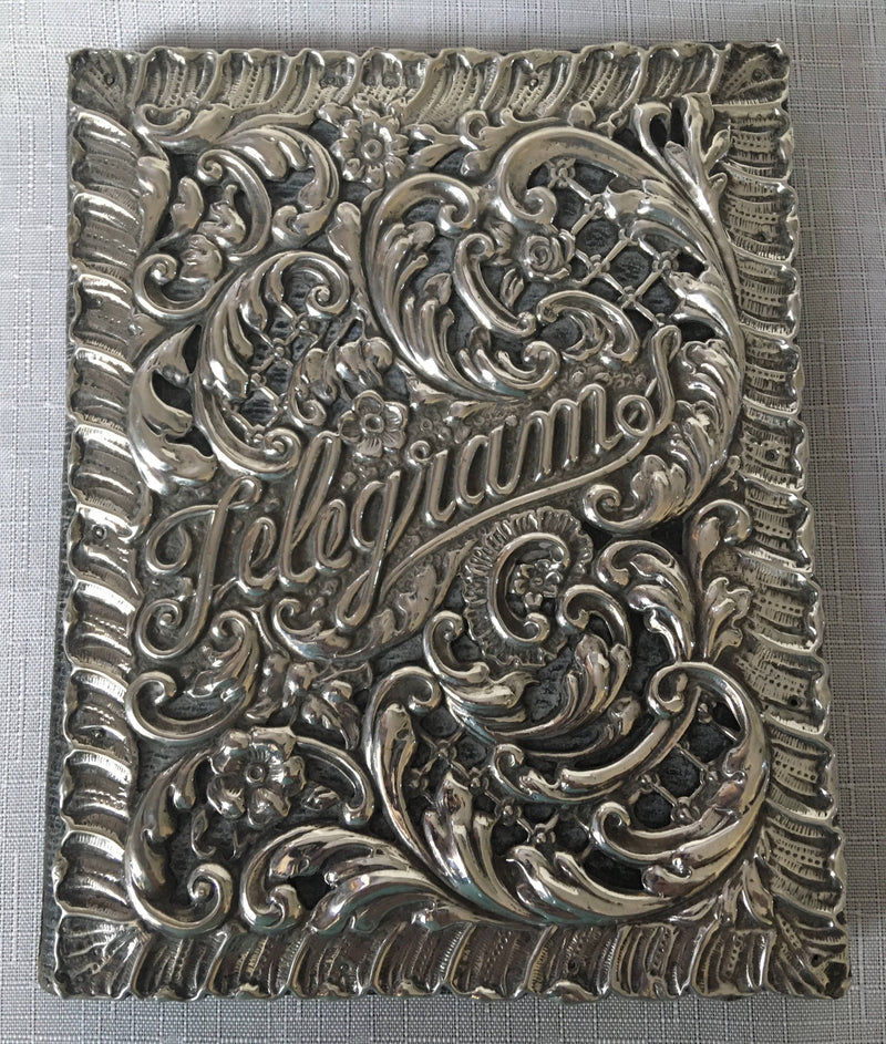 Edwardian silver mounted, Morocco leather and watermarked silk telegrams folder. Birmingham 1903 Synyer & Beddoes.