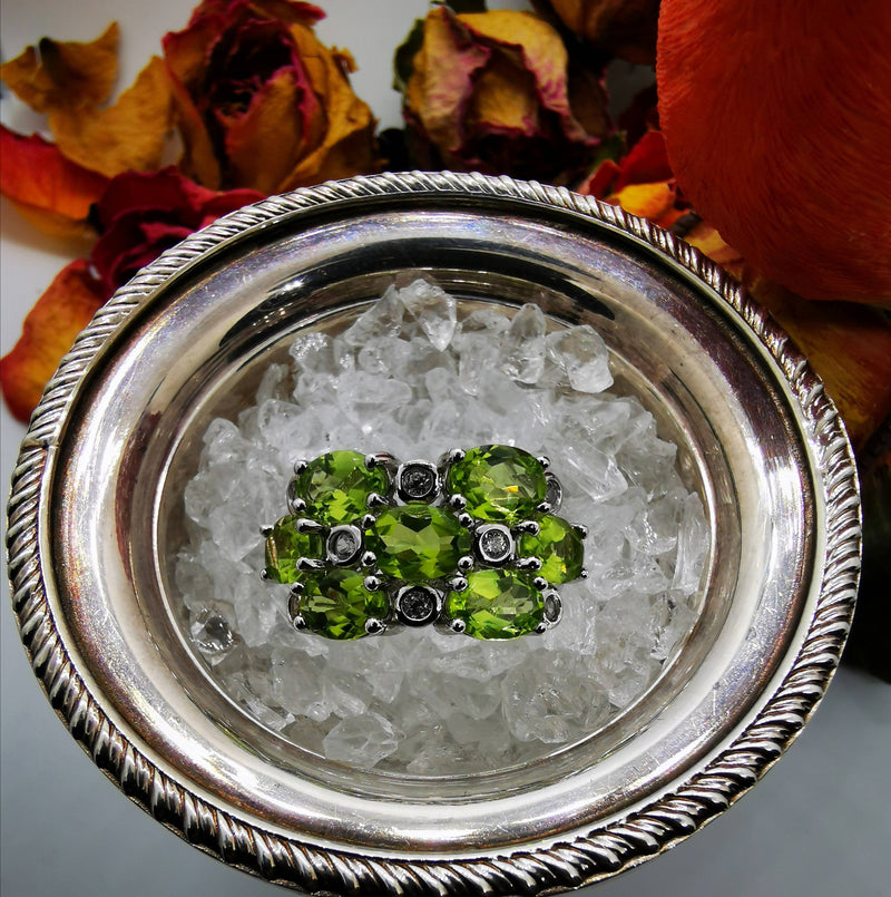 New Peridot and Zircon 3 Row 925 Sterling Silver with Rhodium Overlay (Size N)