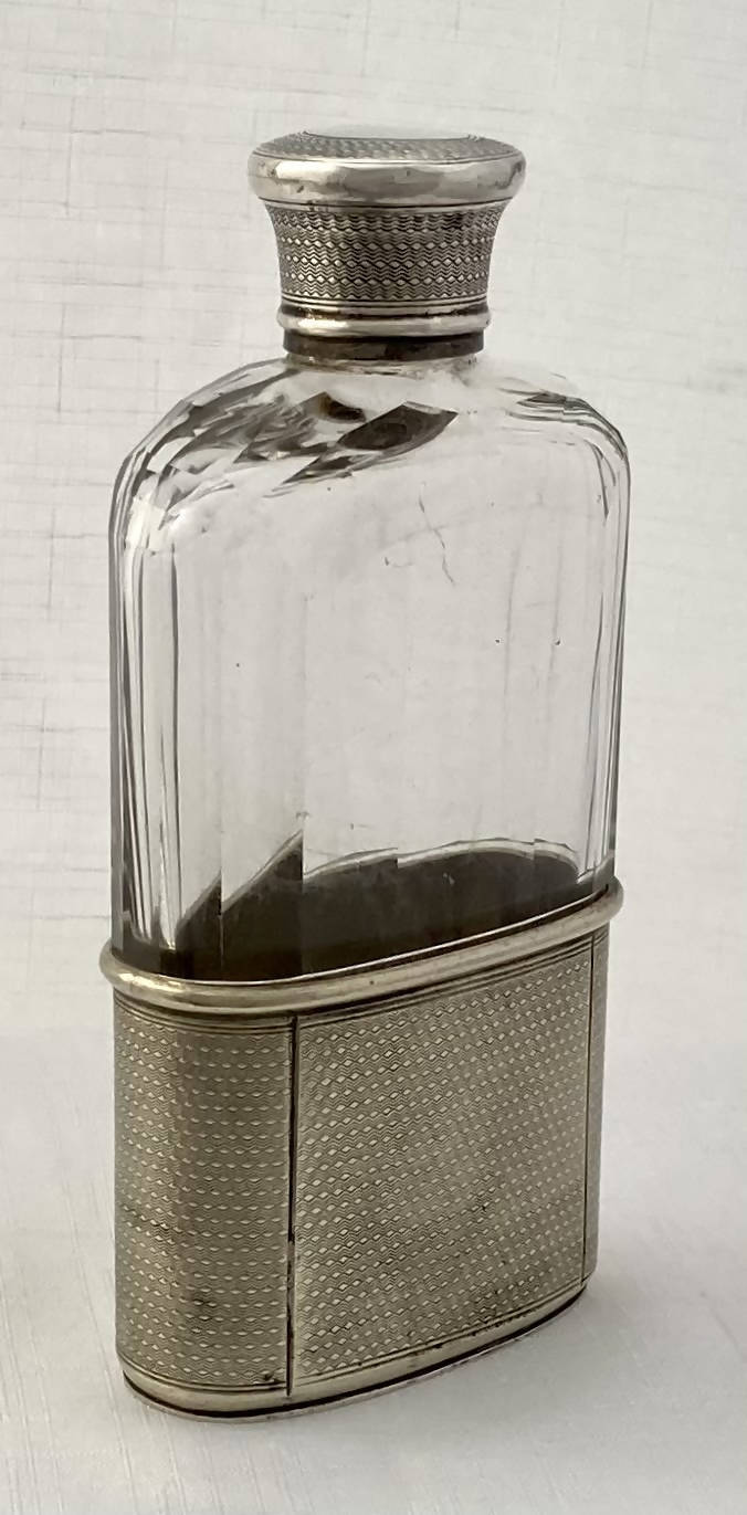 Edwardian Silver Plate & Faceted Glass Hip Flask. Asprey of Bond Street.