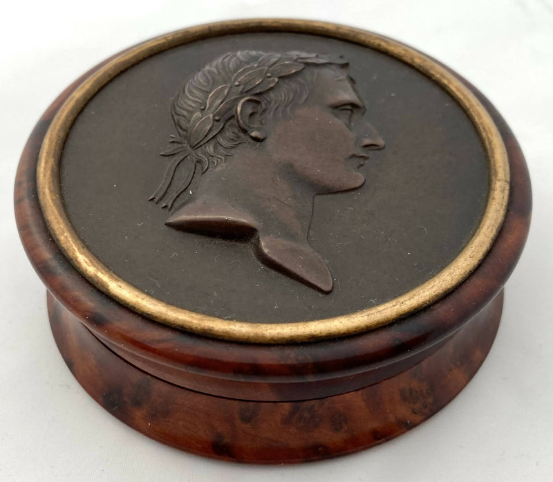 Napoleon Bonaparte Wooden Snuff Box Inset With A Bronze Medallion.