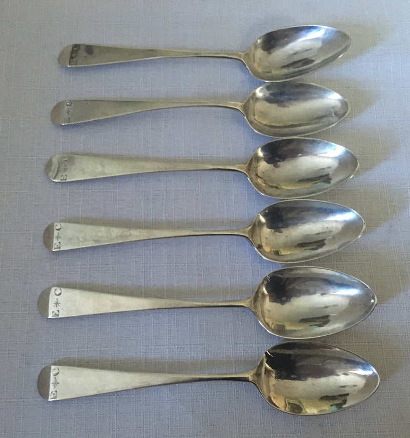 Georgian, George III, set of six silver teaspoons. London 1790 Godbehere & Wigan. 1.5 troy ounces.