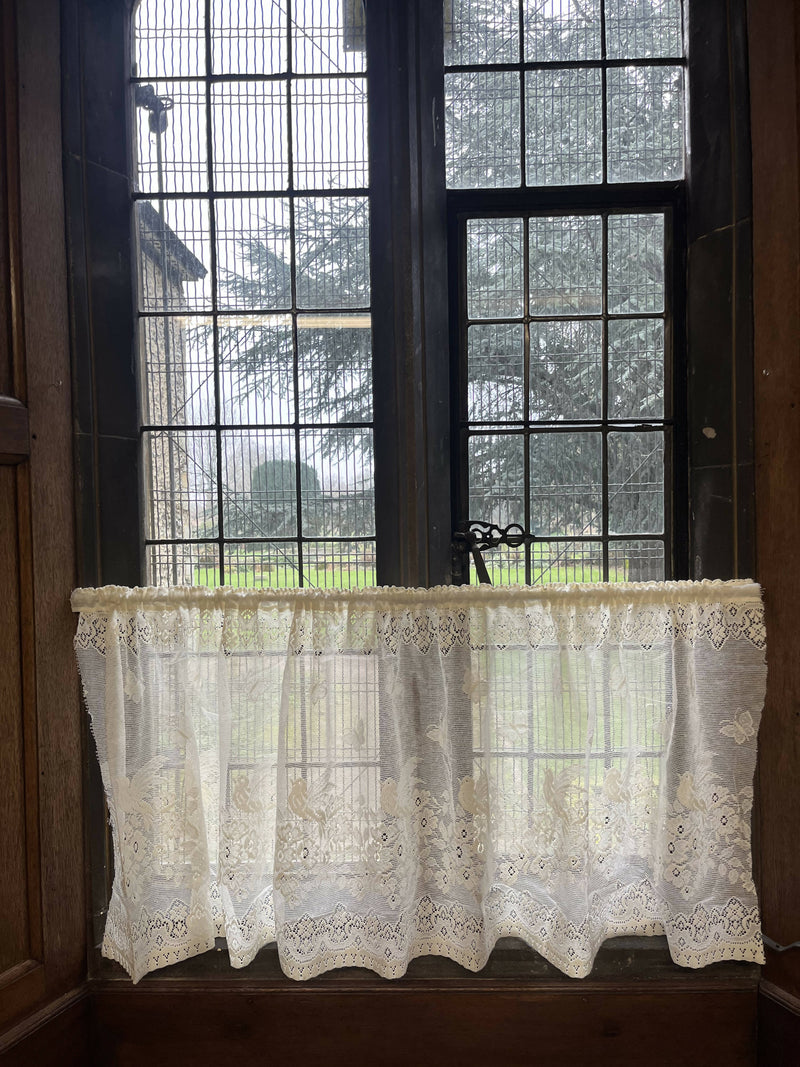 Cottage Victorian Design Birds & Butterfly Cotton Lace Curtain Panel 18" drop Cafe Curtain Brise Bise ecru by the metre