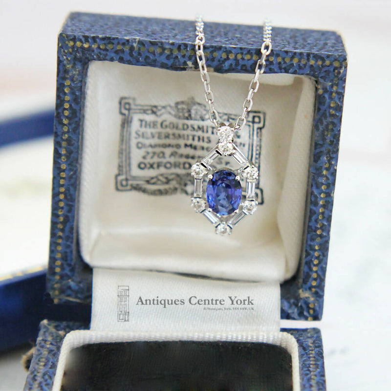 Art Deco Style 18ct White Gold Sapphire & Diamond Pendant