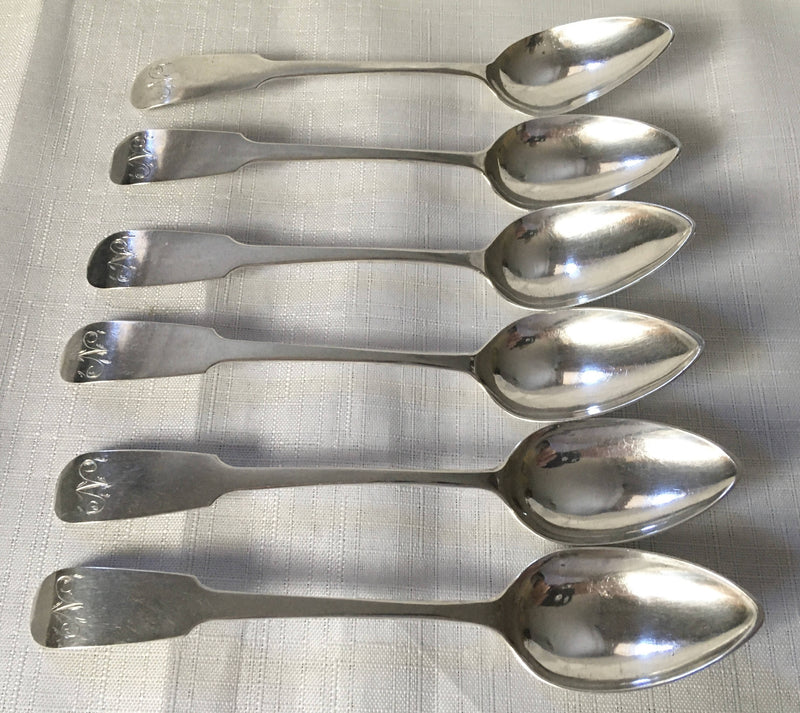 Georgian, George III, set of six silver teaspoons. Newcastle 1795 or 1819, Thomas Watson. 2.44 troy ounces.